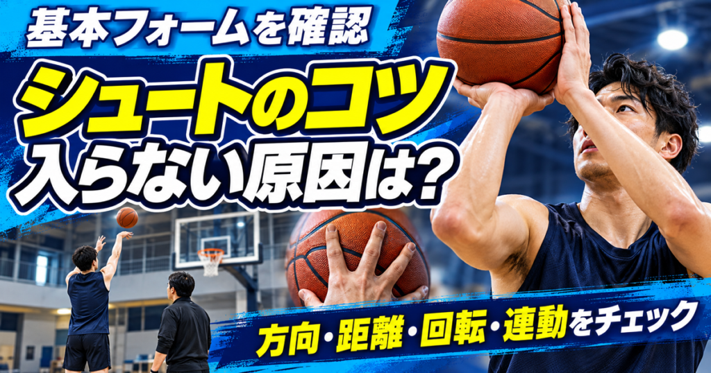 シュートのリリースとフォロースルーをする選手を描いた、シュートが入らない原因を自己診断できることを伝える青基調のアイキャッチ。