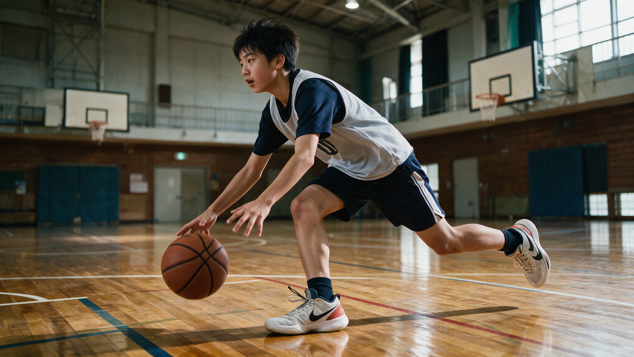 中学生の部活生がバスケットシューズを履いてプレーしている様子