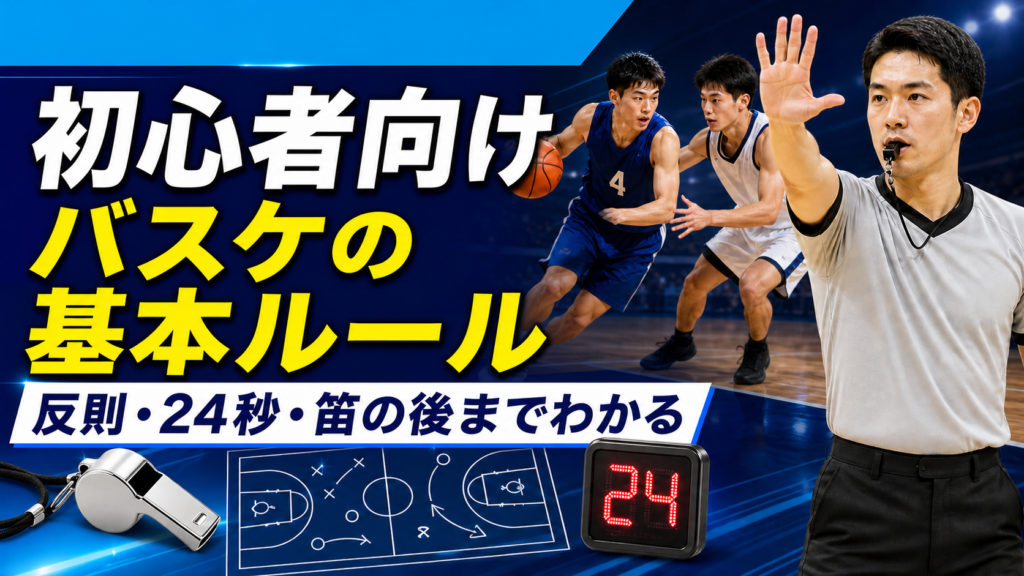 バスケットボールのコートで審判が合図を出し、選手、ホイッスル、戦術ボード、24秒表示を配した記事用グラフィック。
