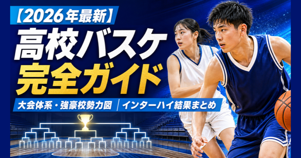 高校バスケの大会体系と強豪校をまとめたJP HOOPSのサムネイル。トーナメント表とトロフィーと男女の高校生選手