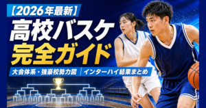 高校バスケの大会体系と強豪校をまとめたJP HOOPSのサムネイル。トーナメント表とトロフィーと男女の高校生選手