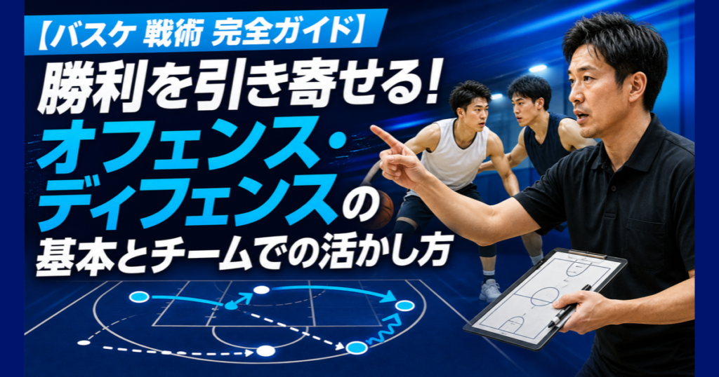バスケの戦術を解説するJP HOOPSのサムネイル。コート図に描かれた攻守の動きと作戦ボードを持って指示するコーチ