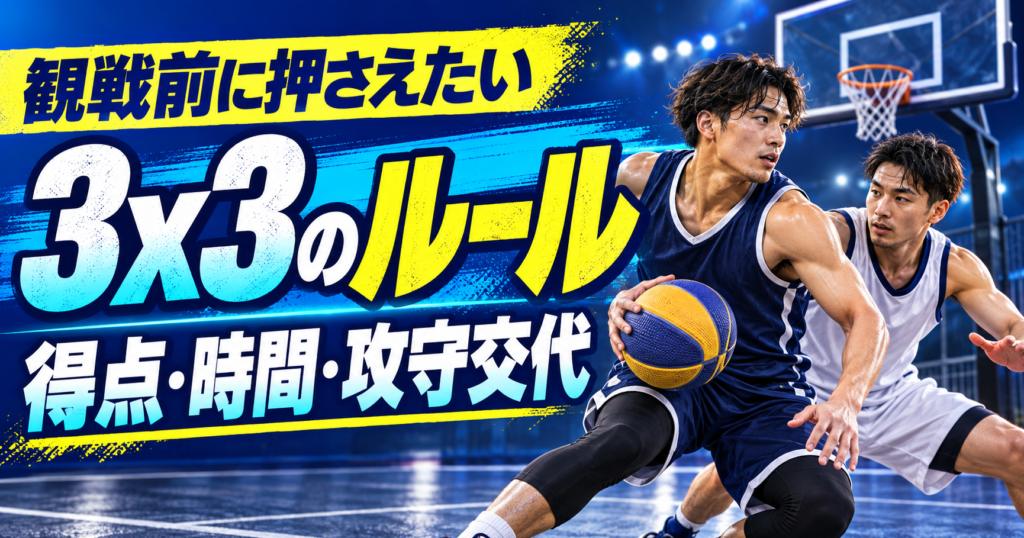 青いハーフコートを背景に架空のバスケットボール選手2人と「3x3のルール」「得点・時間・攻守交代」の文字を配置した解説用画像