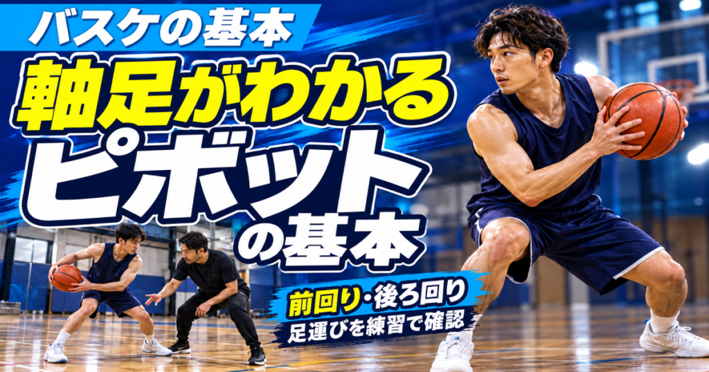 ピボットの基本を解説する見出しと、架空の選手・コーチが足運びを練習する写真風画像