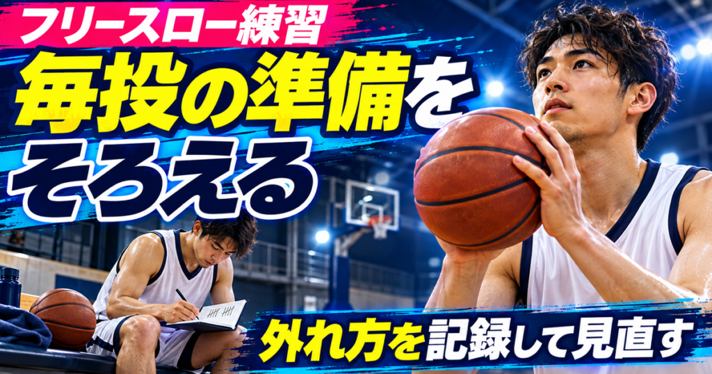 フリースローの準備と記録を確認するバスケットボール練習